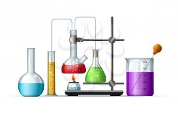 Chemistry lab reagents. Chemical filling in sterile laboratory equipment for science researches isolated on white, organic scientific discoveries, pharmaceuticals experiments reagents, vector icon