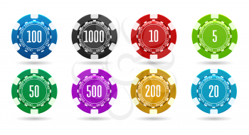 Casino betting chips. Poker plastic token vector set, betting chip coins isolated on white background, game money items