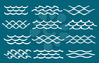 Blue simple water lines waves. Vector sea wave line icons, ocean outline swirls set, decoration river waters curves graphic illustration elements