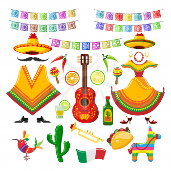 Mexican party decorations. Mexico celebration traditional objects for fiesta invitation with guitar and colorful sombrero latino style vector set