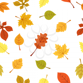 Autumn yellowing leaves pattern. Cute red green and yellow colors fall dried leaf vector background