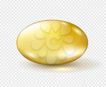 Oil capsule. Vector vitamins nutrients pill, medical health yellow gel drug, pharmaceutical omega fish oils liquid supplement isolated on transparent background