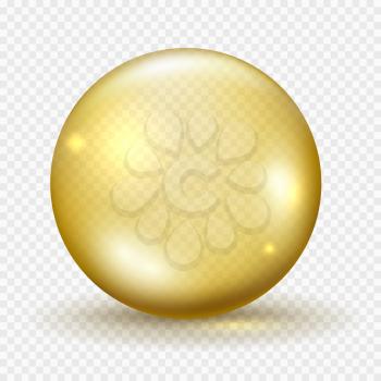 Yellow round capsule. Vector oil drop pill, orange gold gel bubble ball isolated on white background, circle shape 3d shiny sphere collagen serum health vitamin