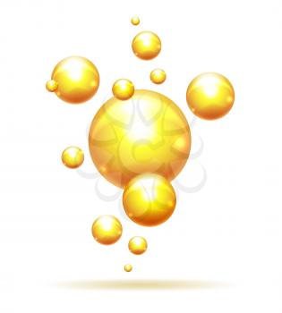 Argan bubbles. Vitamins oil yellow bubble pattern, light karatin or collagen drops isolated, shiny olive flying capsules, beauty protein organic oily castor jojoba essence serum pills