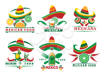 Mexican fast food logo set. Mexica menu symbols, nachos tacos red sauce salsa delicious dishes, restaurant labels with cactus jalapeno sombrero vector illustration
