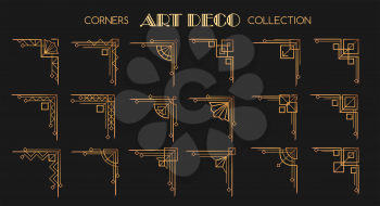 Art deco corners. Modern style frame fashion corner beauty collection, 1920s old poster cornering patterns illustration, line decoration design luxury elegant accents