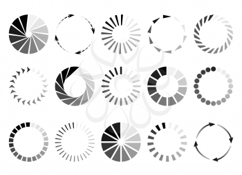 Round page circles. Internet loading circle elements, radial vector load status preloader icons, vector lines and dots speed circular abstract movement patterns