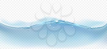 Transparent water surface. Underwater macro liquid vector background, waters bubbly flow abstract ocean blue backdrop, clean sea horizon illustration