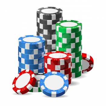 Stack of casino chips. Realistic heap of plastic tokens for poker or roulette, vector illustration of gaming color elements isolated on white background