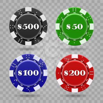 Casino chips on transparent background. Realistic plastic tokens for poker or roulette, symbol of gambling, vector illustration of gaming coins for online risky sport