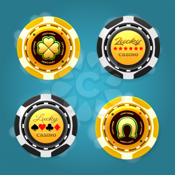 Lucky poker chips. Realistic plastic gold tokens for poker or roulette, symbol of gambling in casino, vector illustration of gaming coins for online risky sport