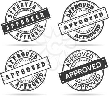 Approve circle seal templates. Approved stamping template set, vector sealed signs with approvals grungy rubber office labels isolated on white background