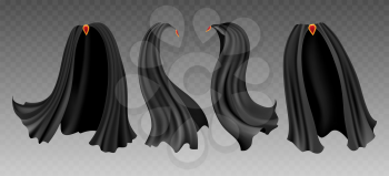 Black cloak. Cloth accessories for magician, vector illustration of decorative costumes from mysterious fabric for vampire isolated on transparent background