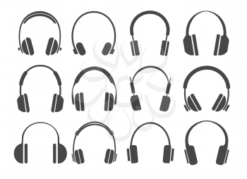 Studio headphones icons. Radio dj and music lover stereo headphone set for clear sound listening vector black icon set on white