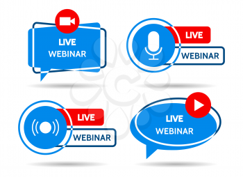 Live webinar logos. Education video chat icons for business, virtual workshop vector signs, zoom communication seminar images, website livestream courses, digital training broadcasting