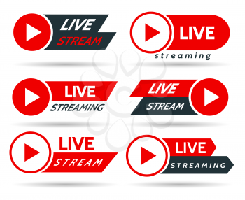 Live streaming stickers. Stream event symbols, sport blogger broadcasting banners, video tv radio air reportage red buttons, vector live time online channel icons