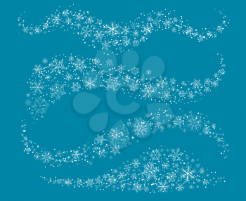 Snowflakes swirling curves. Vector snow swirlings, snow flakes curved elements for condition winter frozen ornamental design, sparkles snowing swirling waves traces and tails