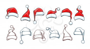 Santa hat drawings. Christmas hats doodle images, merry xmas casual caps draw graphics, hand drawn claus head wear vector sketch cartoon icons