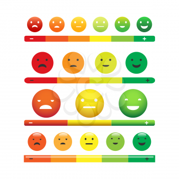Emotional feedback scale. Sad to happy emoji icons, green satisfaction and red angry faces vector emoticons, cartoon survey levels business evaluation icons