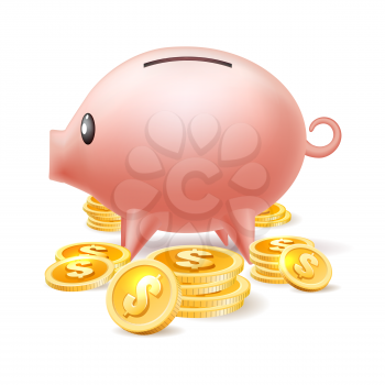 Piggybank. Coin deposits pig bank vector illustration, money saving pigbank moneybox with cash coins, dollars contribution banking for deposit accountability and currency save concepts