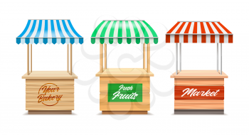 Wood fair stands. Wooden marketing bakery and fruit stalls, red green blue striped awning kiosks, shopping stands isolated on white background, food street awnings