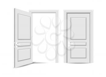 Open closed entrance door. Handling apartment room doors, opening close white realistic doorway front with handle isolated, wood house doorframe with doorknob vector image