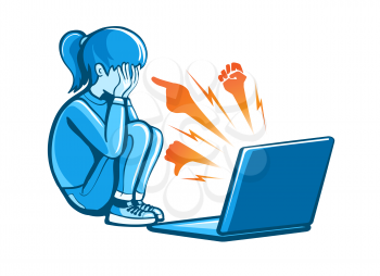 Cyberbullying girl. Cyber bullied depressed young woman, computer cruel teenagers anonymous abuse, aggressive messaging victim teenager person, internet sad teens text bullies