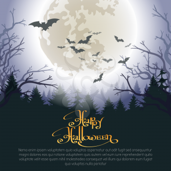 Halloween woods. Horror nobody foresty background with moon night skies evil bats and scary trees, dark happy halloweens midnight landscape poster vector illustration