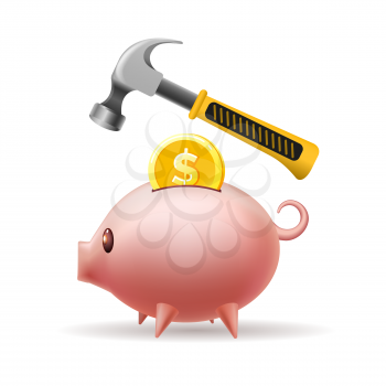 Pig bank and hammer. Finance spending concept, piggy bank spend, high costs business cash broke vector illustration