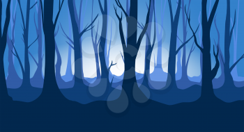 Twilight forest backdrop. Scary foresty scenery vector image, horror foggy woods landscape, spooky mist trees background, mysterious night dark atmospheric panorama