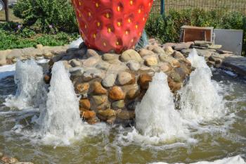 Small fountain in the flower bed area. Water jet climb up.