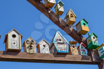 Birdhouses, the houses for birds. Decorated birdhouses and ornamented.