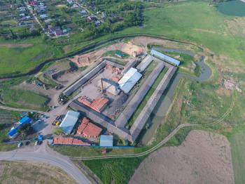 Brick production plant. Top view of a small factory for firing bricks.