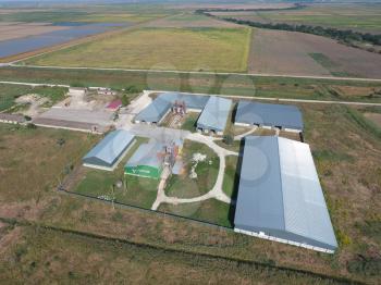 Top view of the hangars. Hangar of galvanized metal sheets for the storage of agricultural products and storage equipment.