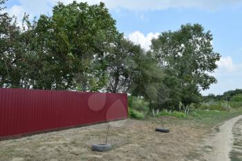 Red fence of metal sheets on a background of green trees. Fence in the country.