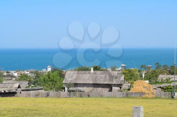 Ataman, Russia - September 26, 2015: The landscape at the Cossack village - a museum Ataman. the village and the sea view from the heights of the hill.