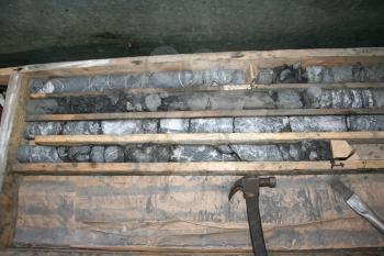 Samples in the core box. The selection of rock for analysis.