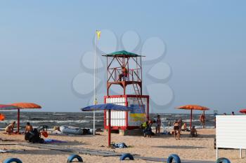 Russia, Achuevo - August 2, 2015: lifeguard tower on the beach. Beach Achuevo infrastructure in the village.
