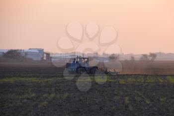 Tractor plowing plow the field on a background sunset.