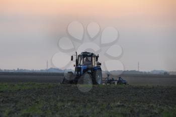 Tractor plowing plow the field on a background sunset.
