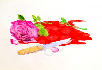 The rose and knife lying in a blood pool. The illustration executed by a water color and a pencil.