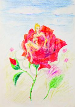 Nude girl sitting in rose petals. Thumbelina naked on a flower.