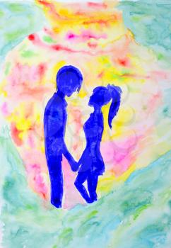 Blue silhouette guy and girl who look at each other. Lovers views. Watercolor paint.