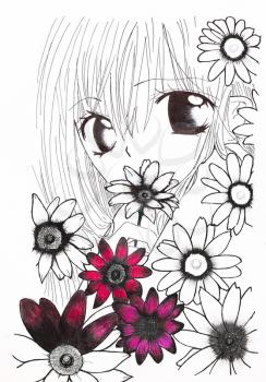 Drawing in the style of anime. Picture of a girl in the flowers in the picture in the style of Japanese anime.