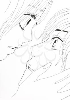 Drawing in the style of anime. Image enamored girl and the guy in the picture in the style of Japanese anime