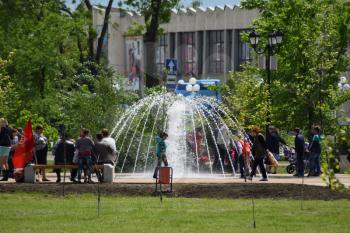 Russia, Poltavskaya village - May 9, 2015: Fountain in the park stanitsa.
