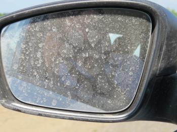 Dirty automobile mirror. That happens when long you don't wash the car.