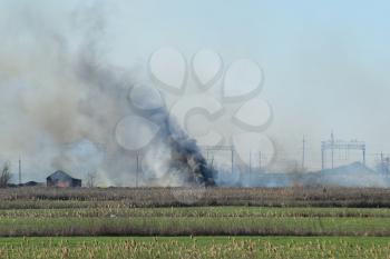 Fire on irrigation canals. Burning dry grass and cane fields in irrigation system. Burning debris and rubber.