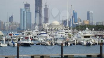 Yachts and boats on the mooring. Arab Emirates.                               