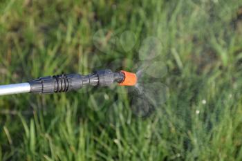 Spraying herbicide from the nozzle of the sprayer manual. Devices for processing plants in the garden.